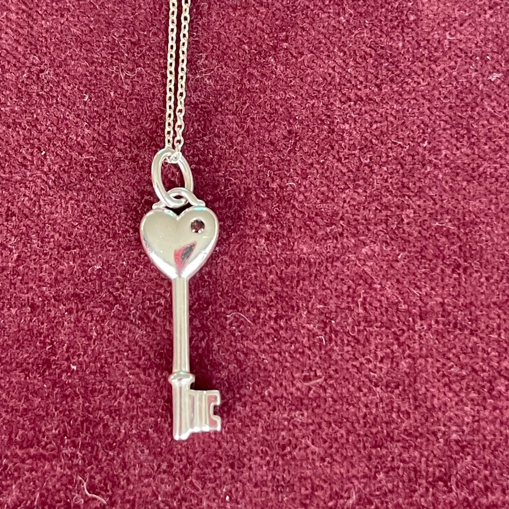 Tiffany Key Pendant w/pink Sapphire stone  & Tiffany 18" Chain